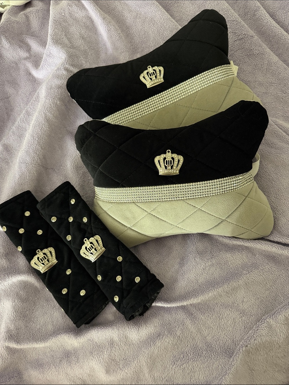 2pk Black & Gray Quilted Crown Headrest Pillow Set w/ Seatbelt Cover 2pk